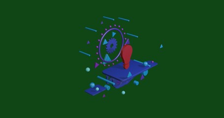 Poster - Red lamp symbol on a pedestal of abstract geometric shapes floating in the air. Abstract concept art with flying shapes in the center. 3d illustration on green background
