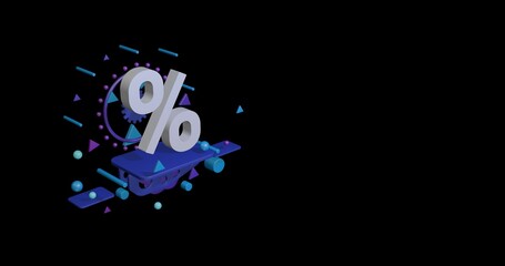 Poster - White percent symbol on a pedestal of abstract geometric shapes floating in the air. Abstract concept art with flying shapes on the left. 3d illustration on black background