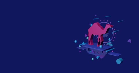 Poster - Pink camel symbol on a pedestal of abstract geometric shapes floating in the air. Abstract concept art with flying shapes on the right. 3d illustration on indigo background
