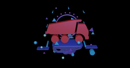 Poster - Red truck symbol on a pedestal of abstract geometric shapes floating in the air. Abstract concept art with flying shapes in the center. 3d illustration on black background