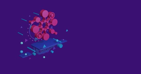 Poster - Pink molecule symbol on a pedestal of abstract geometric shapes floating in the air. Abstract concept art with flying shapes on the left. 3d illustration on deep purple background