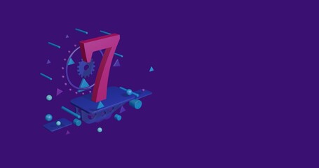 Poster - Pink number seven symbol on a pedestal of abstract geometric shapes floating in the air. Abstract concept art with flying shapes on the left. 3d illustration on deep purple background