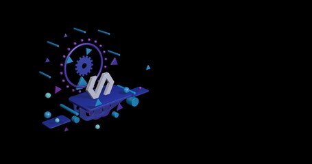 Poster - White polymer symbol on a pedestal of abstract geometric shapes floating in the air. Abstract concept art with flying shapes on the left. 3d illustration on black background