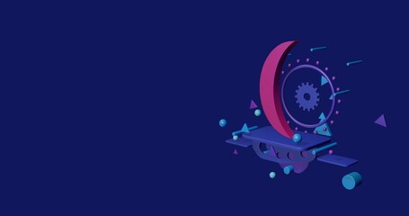 Poster - Pink crescent symbol on a pedestal of abstract geometric shapes floating in the air. Abstract concept art with flying shapes on the right. 3d illustration on indigo background