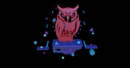 Poster - Red owl symbol on a pedestal of abstract geometric shapes floating in the air. Abstract concept art with flying shapes in the center. 3d illustration on black background