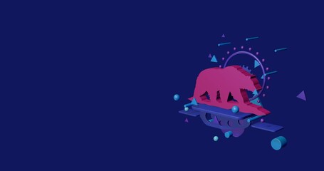 Poster - Pink wild bear symbol on a pedestal of abstract geometric shapes floating in the air. Abstract concept art with flying shapes on the right. 3d illustration on indigo background
