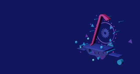 Poster - Pink crowbar symbol on a pedestal of abstract geometric shapes floating in the air. Abstract concept art with flying shapes on the right. 3d illustration on indigo background