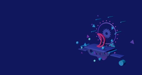 Poster - Pink moon astrological symbol on a pedestal of abstract geometric shapes floating in the air. Abstract concept art with flying shapes on the right. 3d illustration on indigo background