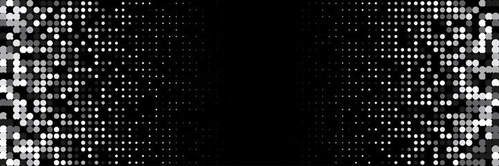 Halftone Pattern. Future Concept In Minimal Layout. Young Brand In Minimalistic Frame. Grey Dots Flyer. Minimalist Black Background. Geometric Greyscale Poster. Trendy Halftone Pattern