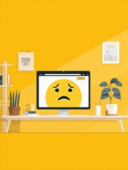Poster - Website Crash Screen Displaying Frowning Emoji on a Clean Workspace With Yellow Walls and Potted Plants