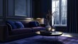 © Margarita Ratatosk - Stylish living room interior with a velvet sofa and dark blue walls. Home decor concept perfect for luxury living.