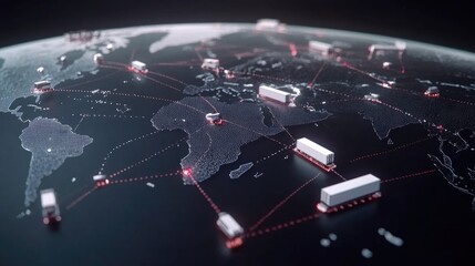Poster - D animation-style map of global logistics flow with realistic transport icons