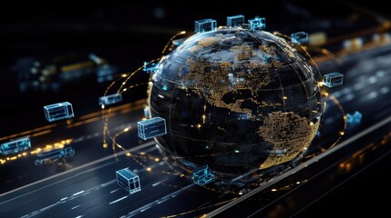 Poster - D globe featuring active transportation logistics and freight icons surrounding Earth