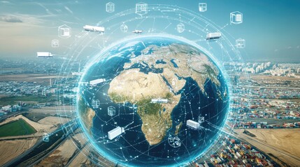 Poster - D globe featuring active transportation logistics and freight icons surrounding Earth
