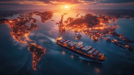 Poster - Container shipping visualization connecting continents via major ocean trade routes