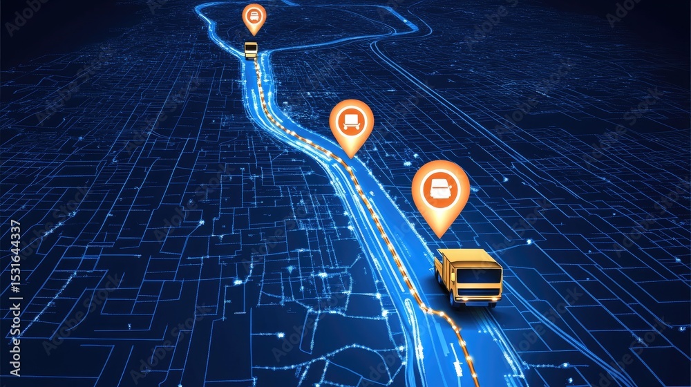 GPS tracking map with route lines and transport company vehicle icons ...
