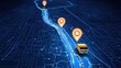 © Sampao - GPS tracking map with route lines and transport company vehicle icons moving in real-time