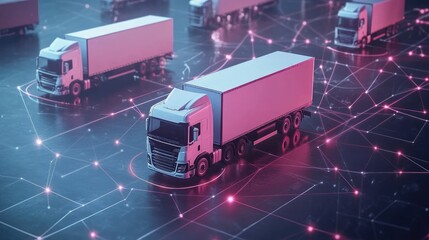 Poster - Logistic network illustration with delivery trucks connected by digital transportation paths