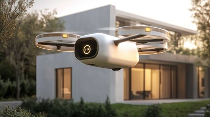 Poster - Mini parcel drone with LED status lights hovering over small home drop-off station