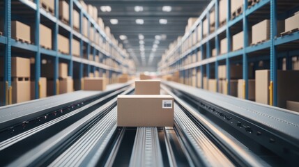 Poster - Smart warehouse with automated sorting systems and conveyor belts transporting boxes