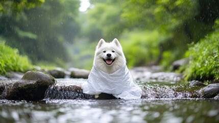Aufkleber - A Samoyed wearing a biodegradable poncho during an eco-tour hike