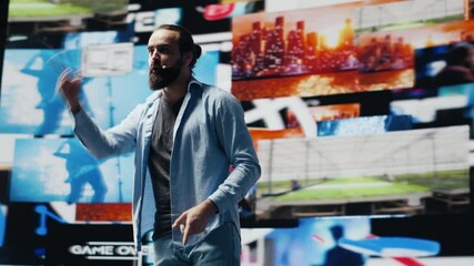 Poster - Social media manager delivering a live presentation with a microphone, engaging a live audience from the stage. Encouraging digital interaction for modern communication. Camera A.