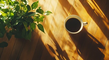 Poster - Morning coffee sunlight on wooden table with plant.