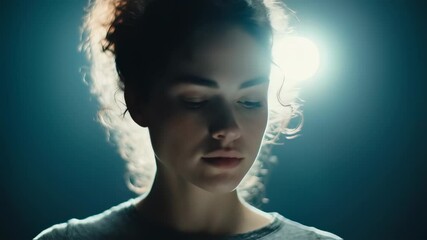 Poster - Backlit portraits of a young woman with curly hair tied in a ponytail, wearing a casual t shirt, striking various poses against a dark blue backdrop in a professional studio setting
