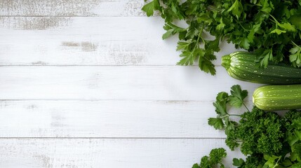 Poster - Fresh green zucchini and parsley on rustic white wood. Copy space.