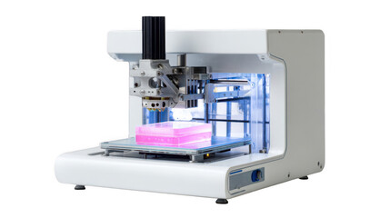 Poster - Modern bioprinter generating a pink artificial organ or tissue inside a laboratory, showcasing advanced medical technology with transparent background