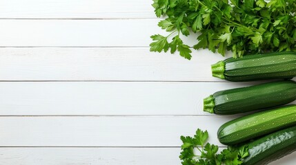 Poster - Fresh green zucchini and parsley on white wooden background.