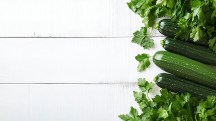 Poster - Fresh green zucchini and parsley on white wooden background. (1)
