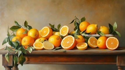 Poster - Still life painting of oranges and lemons on wooden table.