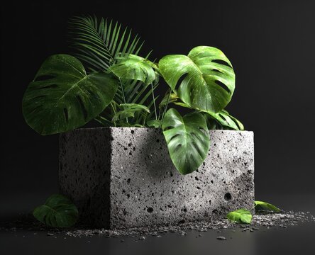 Dark, textured cube planter with lush greenery