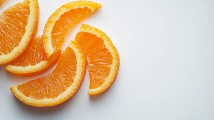 Poster - Juicy orange slices arranged on white background.