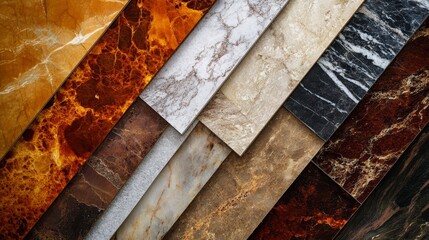 Poster - Close-up of various marble slabs in different colors and patterns arranged in an overlapping diagonal composition.