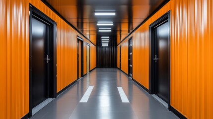 Poster - Modern orange corridor with black doors and grey floor.