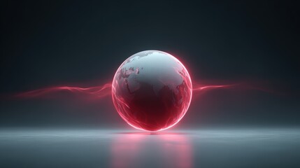 Fototapete - 3D Global Sphere with Red Energy Waves on Dark Background