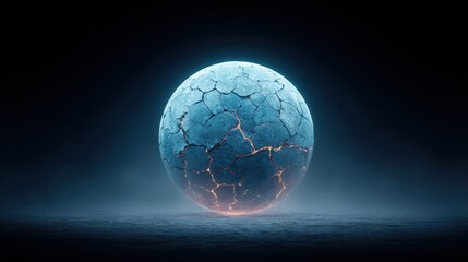 Fototapete - Cracked Blue Sphere with Glowing Edges on Dark Background