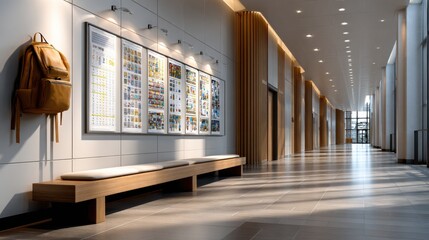 Poster - A hallway with a white wall and a brown bench