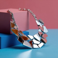 Poster - A necklace made of small pieces of metal is displayed on a blue surface