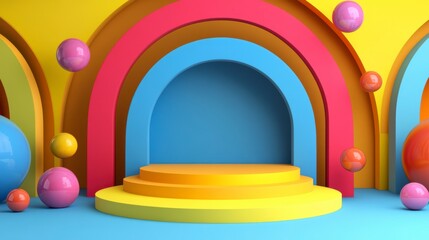 Poster - Colorful arched background with a three-tiered platform and floating spheres.