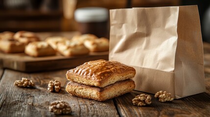 Poster - Two delicious golden-brown pastries sit on a rustic wooden table next to a brown paper bag and walnuts.