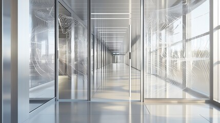 Poster - Modern glass hallway with light and minimalist design.