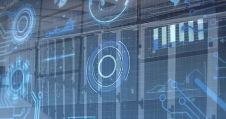 Poster - System initializing holographic overlay animating over server racks, with charts updating metrics