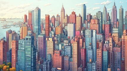  a sprawling cityscape painting captures the essence of urban ambition with its meticulously rendered architecture and vibrant color palette evoking a sense of dynamic city life