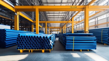 Poster - Large industrial warehouse interior with stacks of blue pipes.