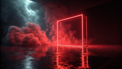 Poster - A glowing red neon cube floats amidst dense fog and clouds in a dark, reflective space, creating a surreal and futuristic atmosphere.