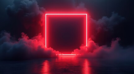 Poster - A glowing red neon square floats above a reflective water surface, surrounded by misty clouds in a dark, mysterious atmosphere.