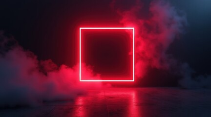 Poster - A glowing red neon square floats amidst red smoke in a dark, reflective space creating a futuristic and mysterious atmosphere.